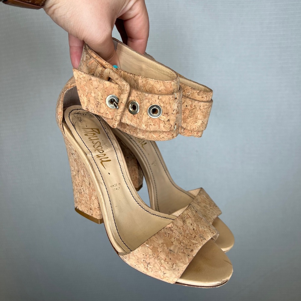 Jerome C. Rousseau Cork Wedge Sandals Buckle Ankle Strap Made in Italy Size 36.5